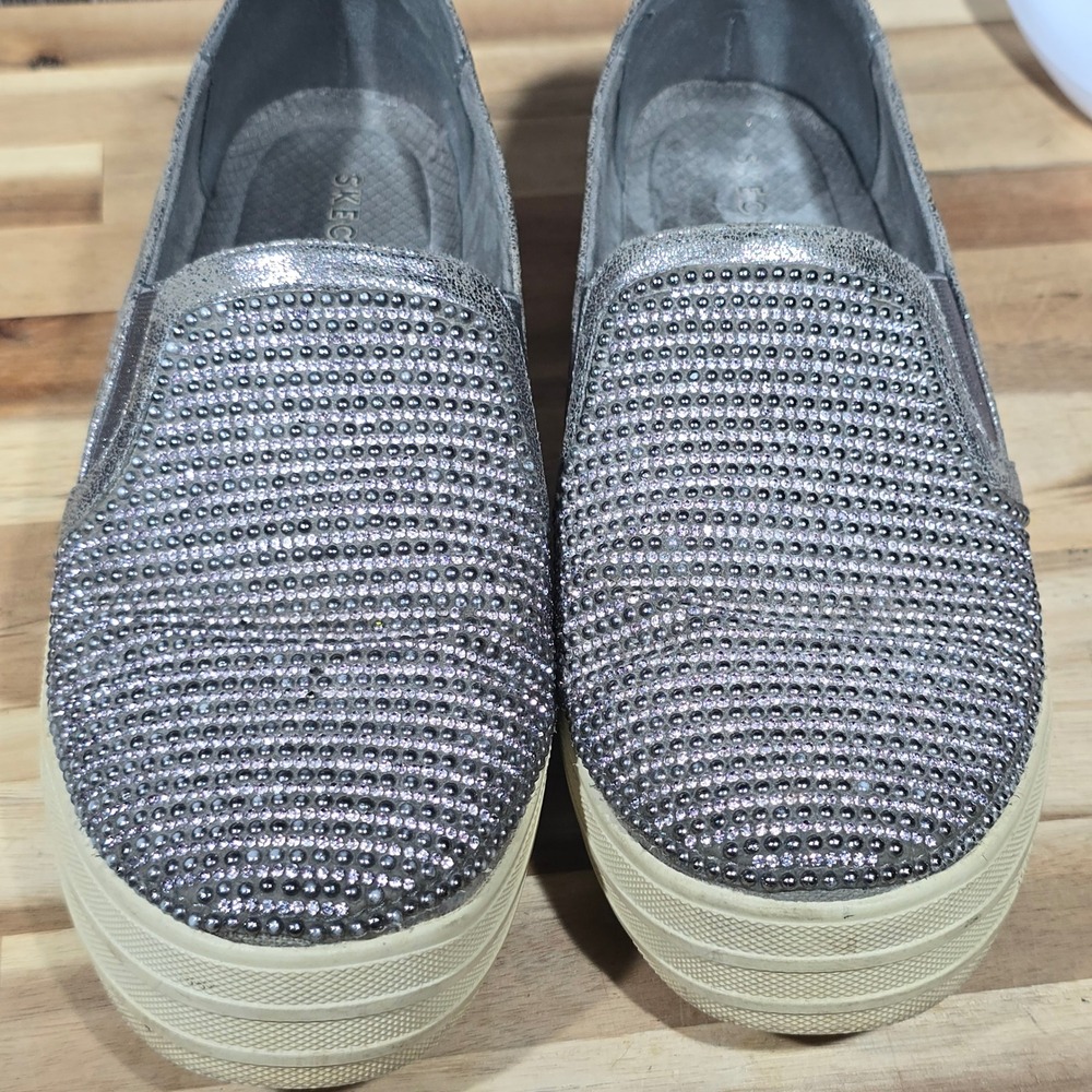 Skechers Street Double Up Shiny Dancer 8 Pewter Rhinestone Slip On Platform